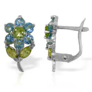 2.12 Carat 14K Solid White Gold Flowers Stud Earrings Blue Topaz Peridot