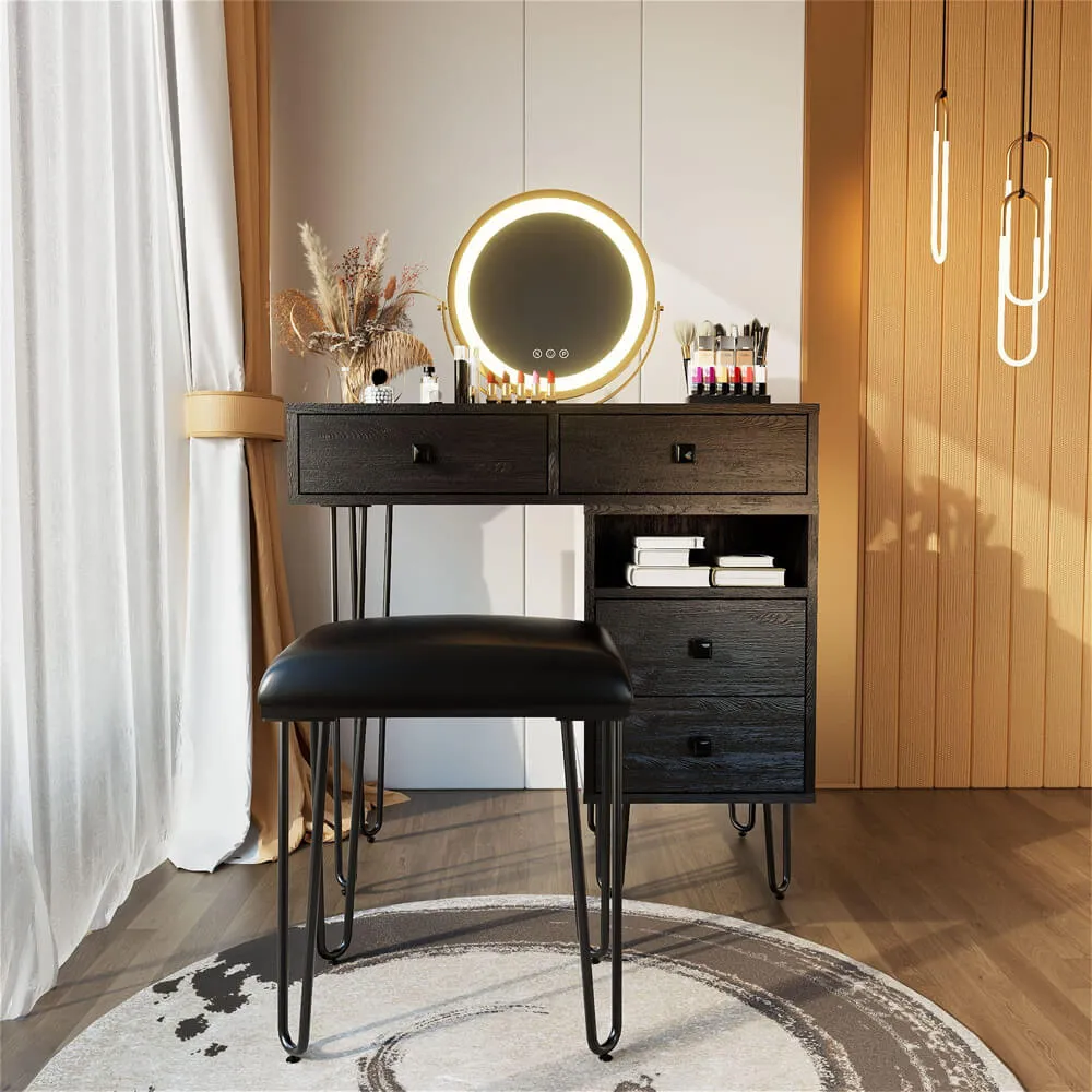 3 Color Wood Makeup Mirror Vanity Set with Cushioned Stool & Storage Shelves & Touch Control LED Lights