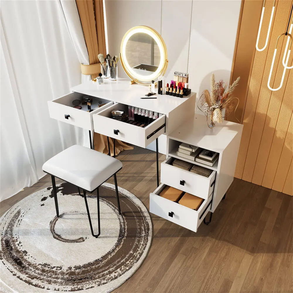 3 Color Wood Makeup Mirror Vanity Set with Cushioned Stool & Storage Shelves & Touch Control LED Lights