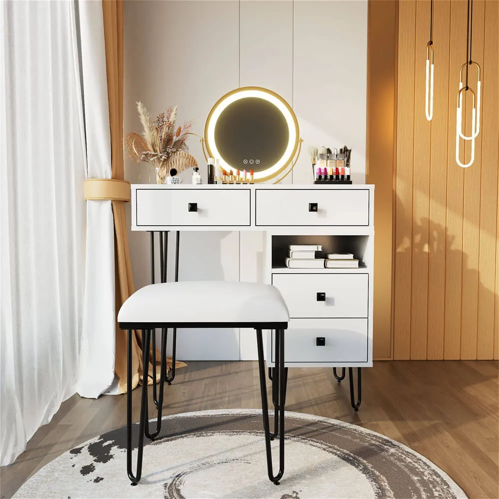 3 Color Wood Makeup Mirror Vanity Set with Cushioned Stool & Storage Shelves & Touch Control LED Lights