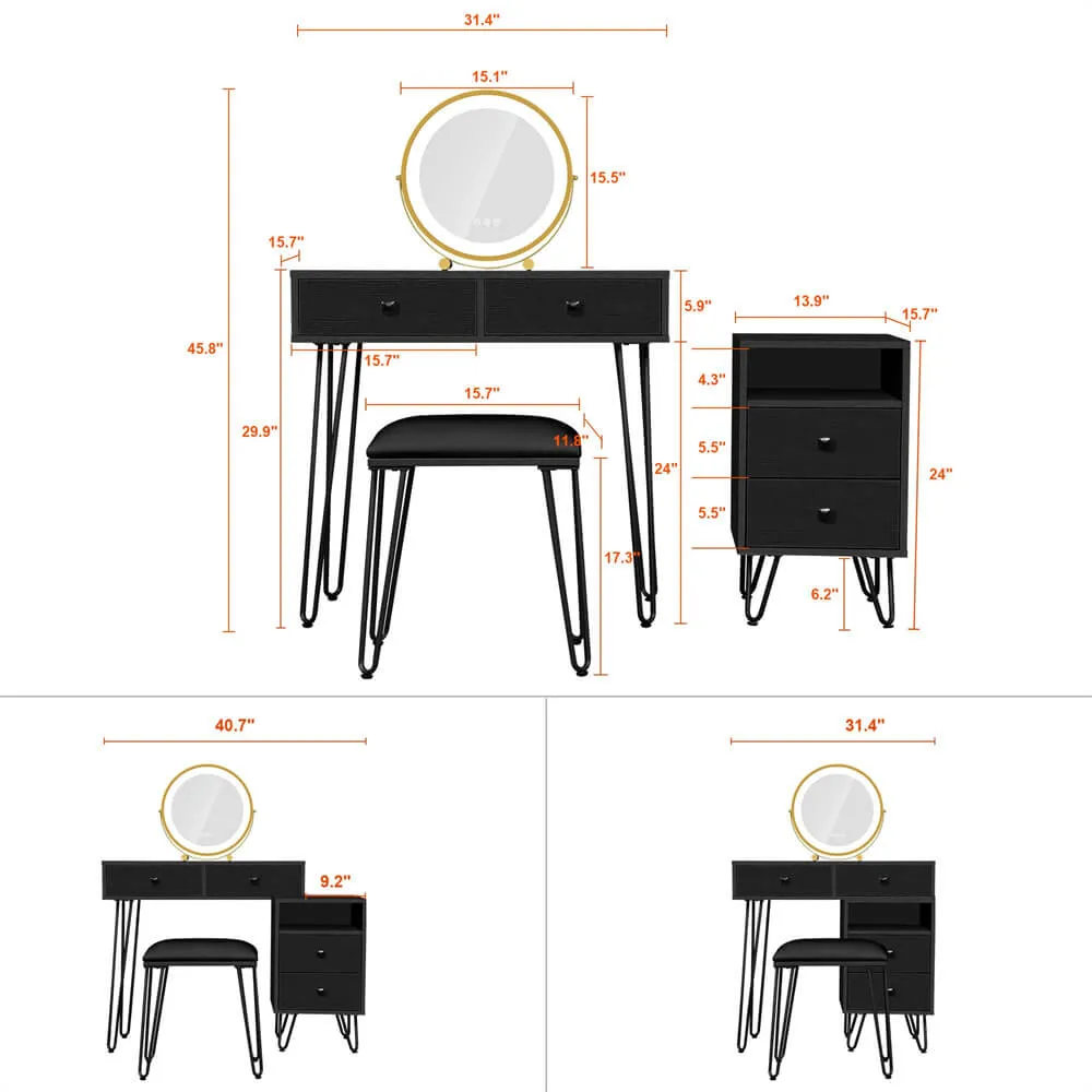 3 Color Wood Makeup Mirror Vanity Set with Cushioned Stool & Storage Shelves & Touch Control LED Lights