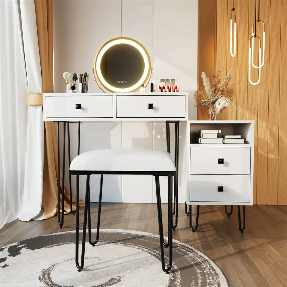 3 Color Wood Makeup Mirror Vanity Set with Cushioned Stool & Storage Shelves & Touch Control LED Lights