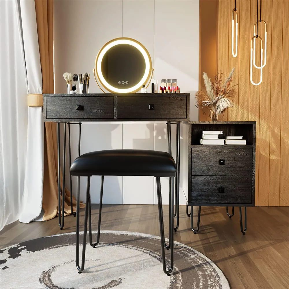 3 Color Wood Makeup Mirror Vanity Set with Cushioned Stool & Storage Shelves & Touch Control LED Lights