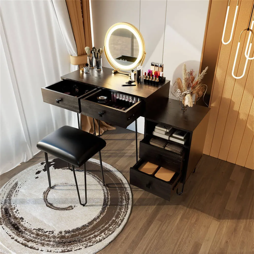 3 Color Wood Makeup Mirror Vanity Set with Cushioned Stool & Storage Shelves & Touch Control LED Lights