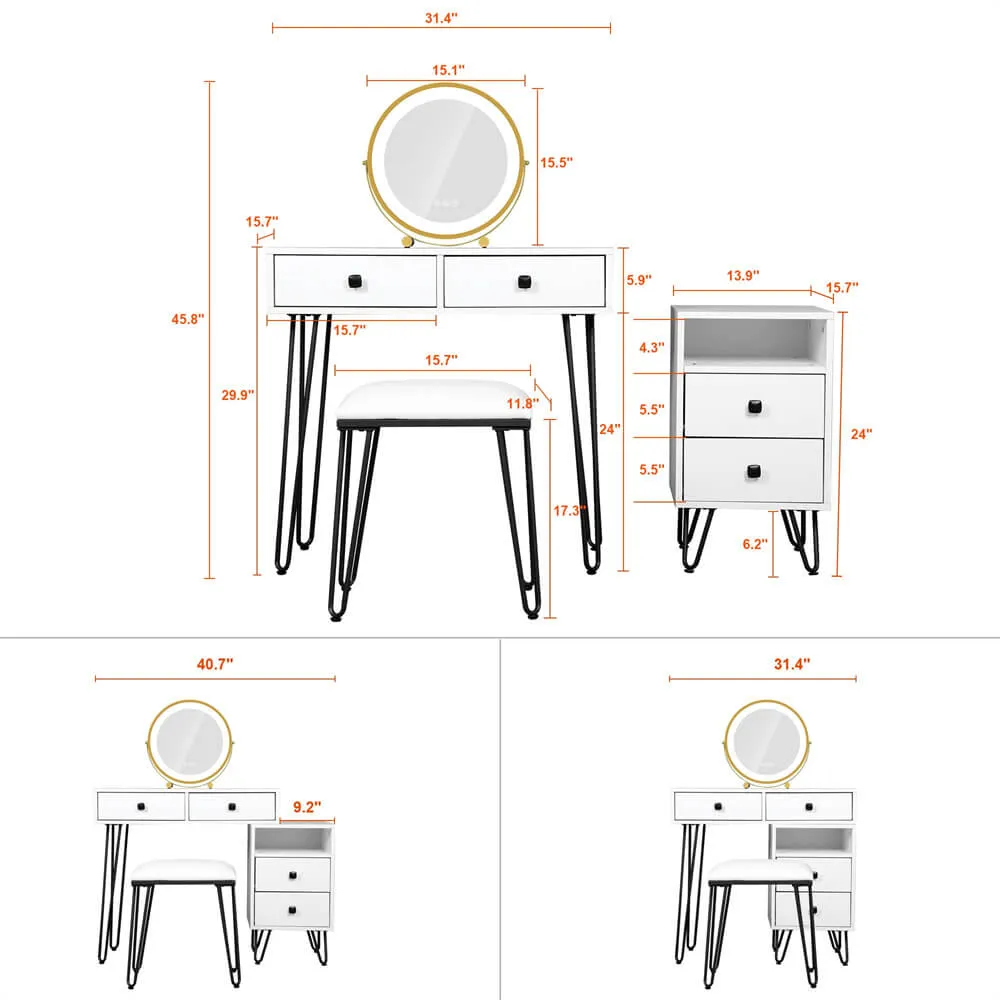 3 Color Wood Makeup Mirror Vanity Set with Cushioned Stool & Storage Shelves & Touch Control LED Lights