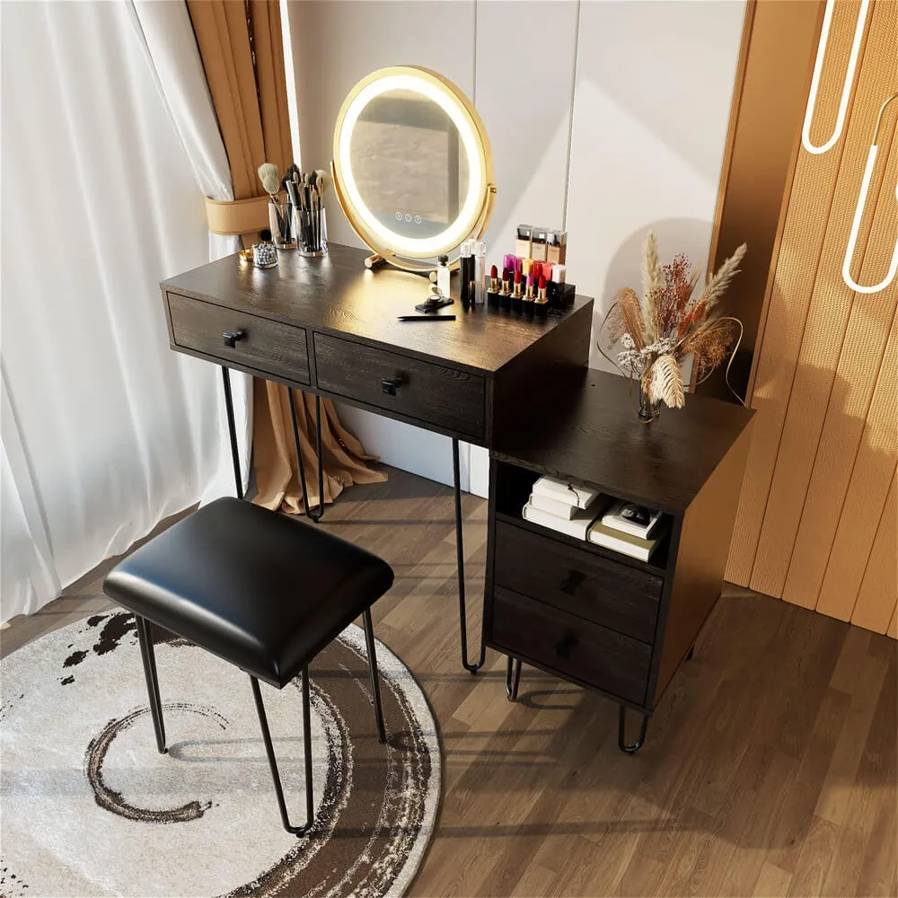 3 Color Wood Makeup Mirror Vanity Set with Cushioned Stool & Storage Shelves & Touch Control LED Lights