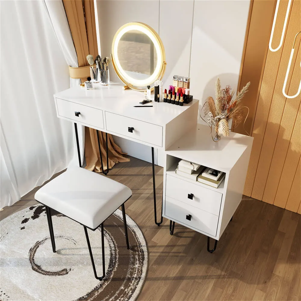 3 Color Wood Makeup Mirror Vanity Set with Cushioned Stool & Storage Shelves & Touch Control LED Lights