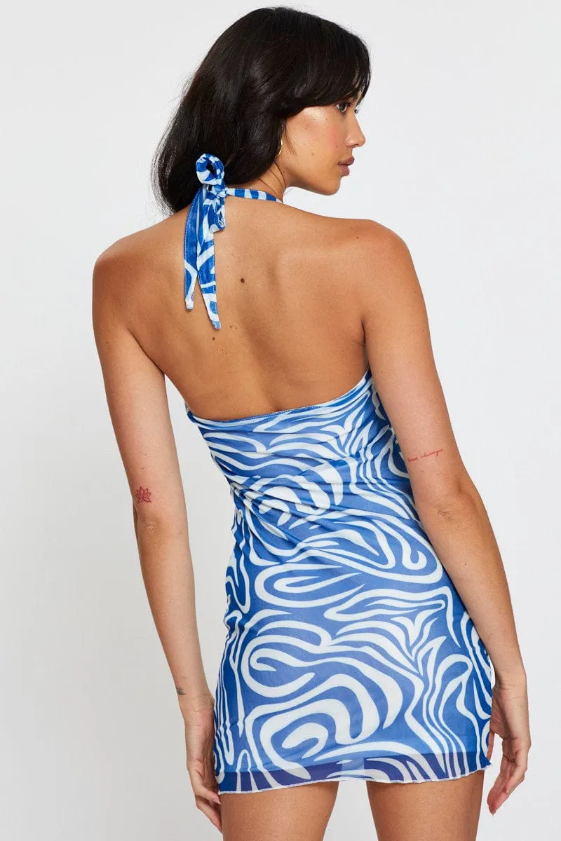 Abstract Print Dress Mini Halter Neck Mesh