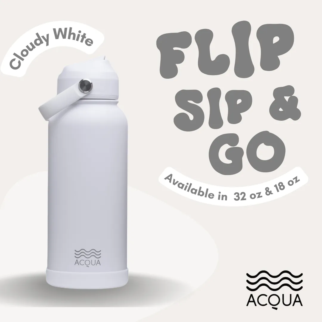 Acqua Flip Sip & Go! Double Wall Insulated Stainless Steel Water Bottle: Cloudy White