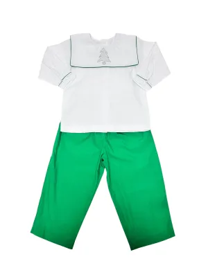 Auraluz LS Square Collar White Shirt W/Tree Shadow Emb & Green Pants 5967 5110