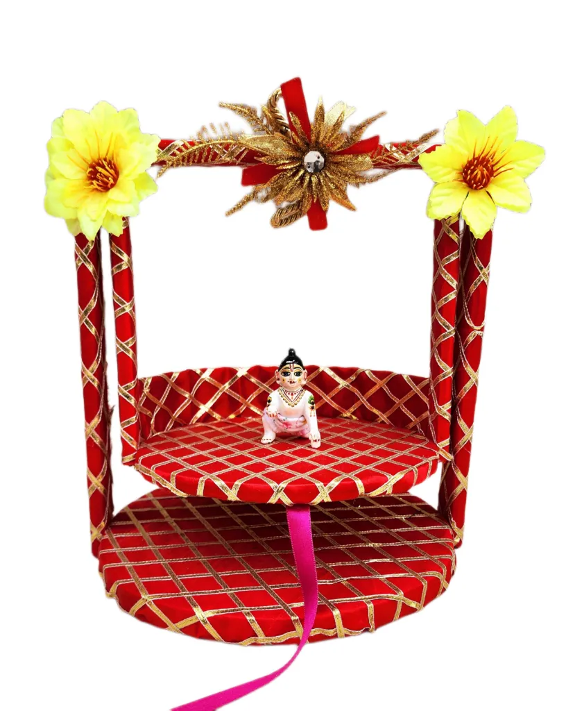 beautiful heavy wooden flower red jhula for laddu gopal ji