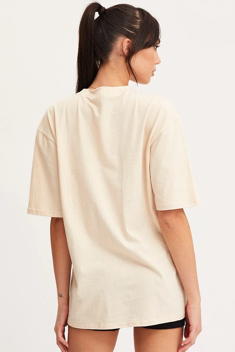 Beige Graphic T Shirt Short Sleeve Embroided