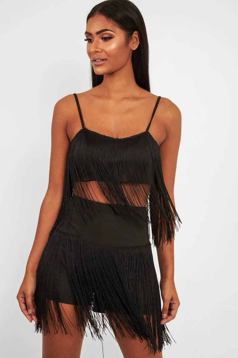 Black Fringe Crop Top Shorts Co-Ord - Lylith