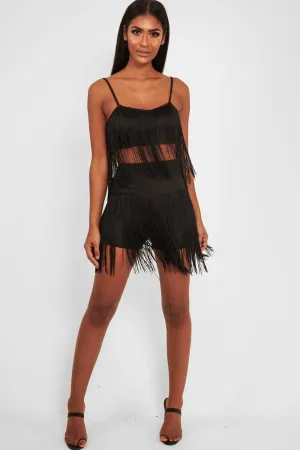 Black Fringe Crop Top Shorts Co-Ord - Lylith