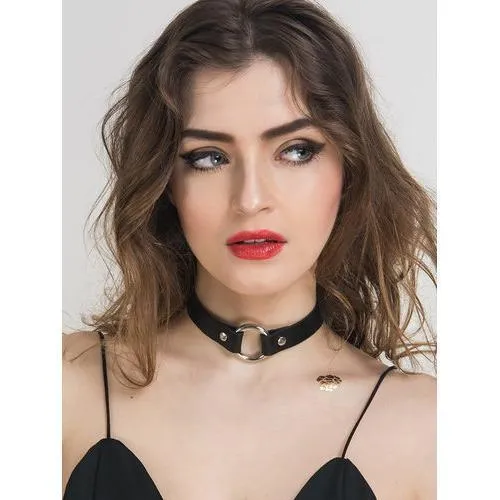 Black Leather Look Circle Detail Choker Necklace