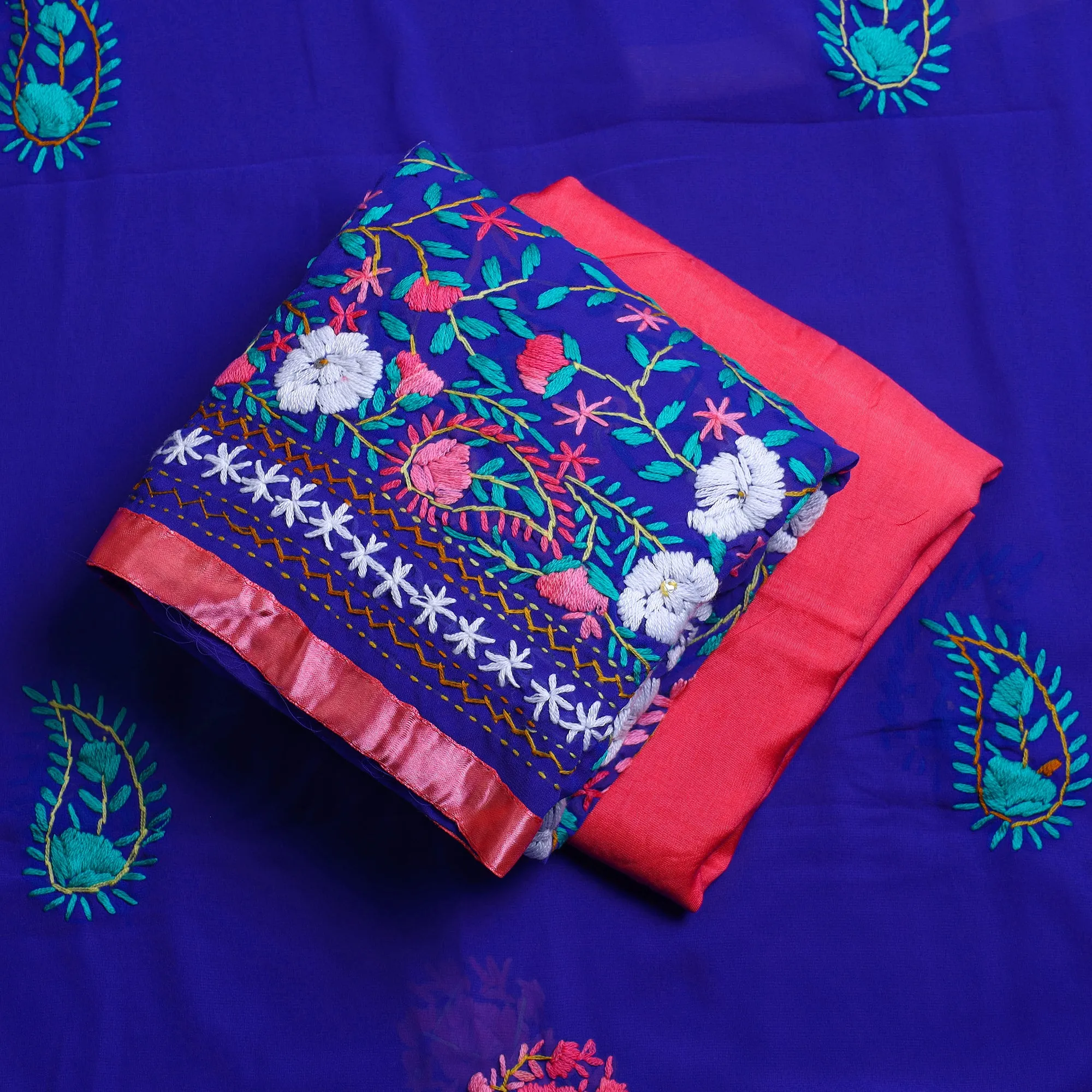 Blue - 3pc Hand Embroidery Georgette Phulkari Dress Material 28