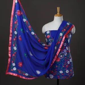 Blue - 3pc Hand Embroidery Georgette Phulkari Dress Material 28