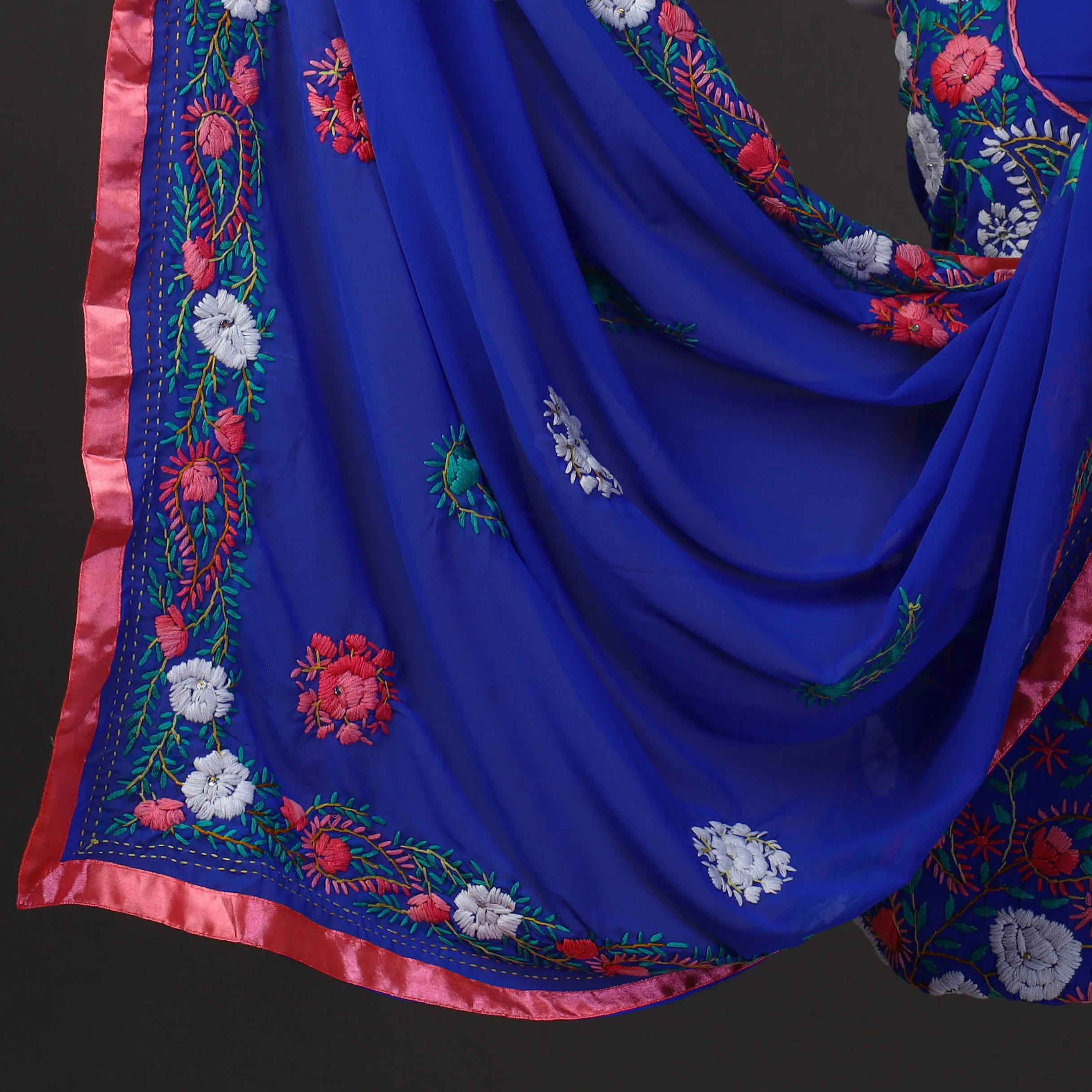 Blue - 3pc Hand Embroidery Georgette Phulkari Dress Material 28