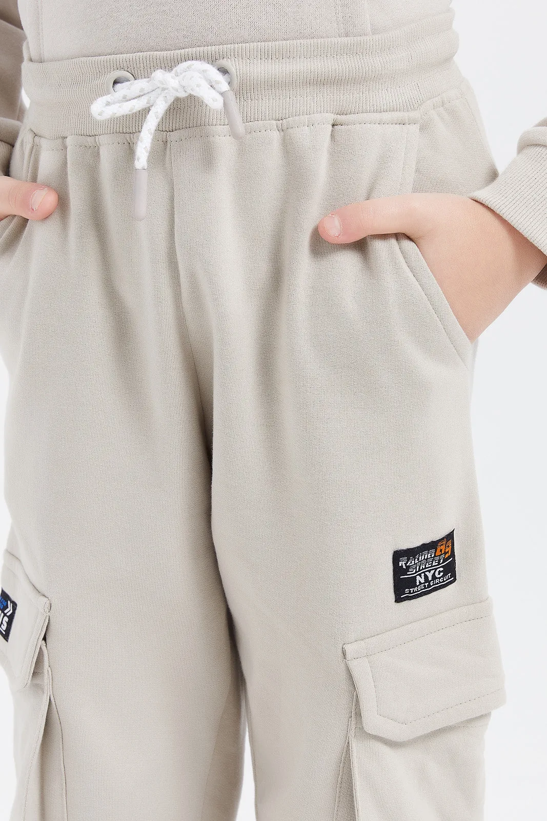 Boys Beige Cargo Pocket Jog Pants