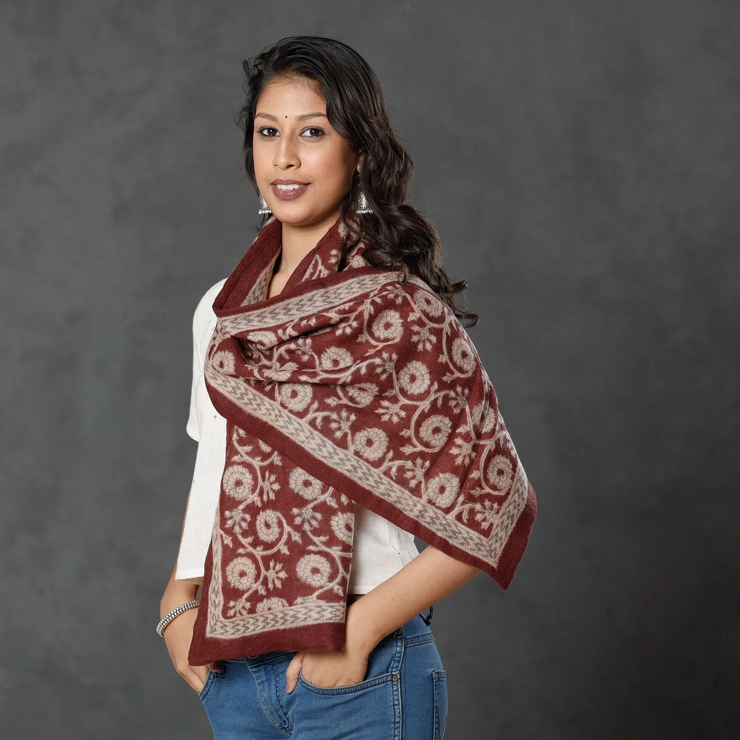 Brown - Bagh Block Printed Natural Dyed Woolen Muffler (61 in)