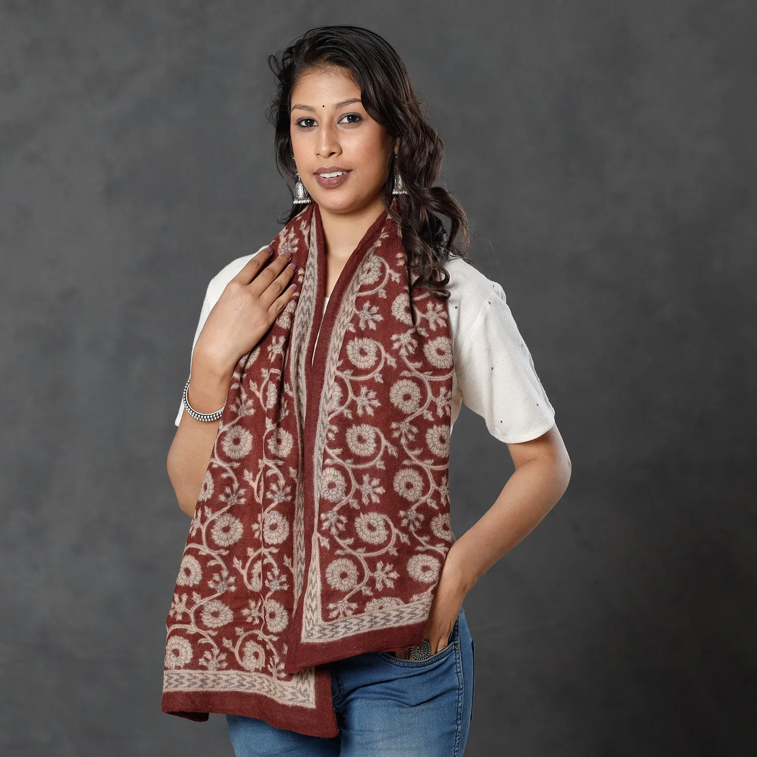 Brown - Bagh Block Printed Natural Dyed Woolen Muffler (61 in)