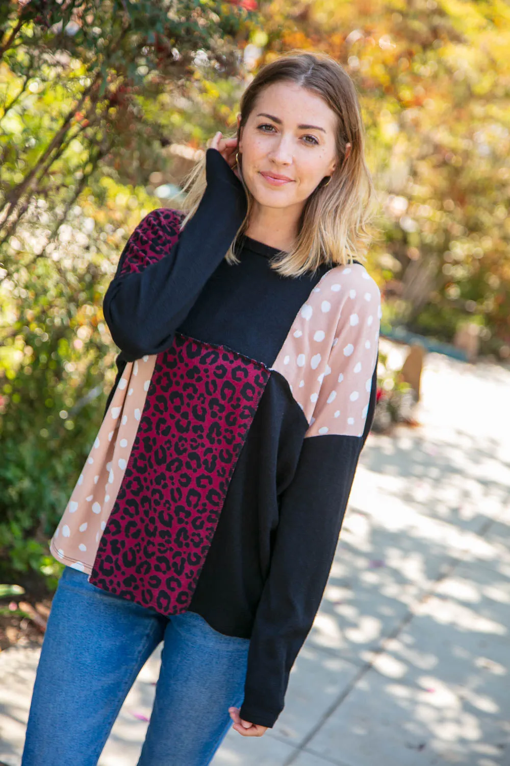 Cashmere Feel Leopard Patch Work Dolman Top