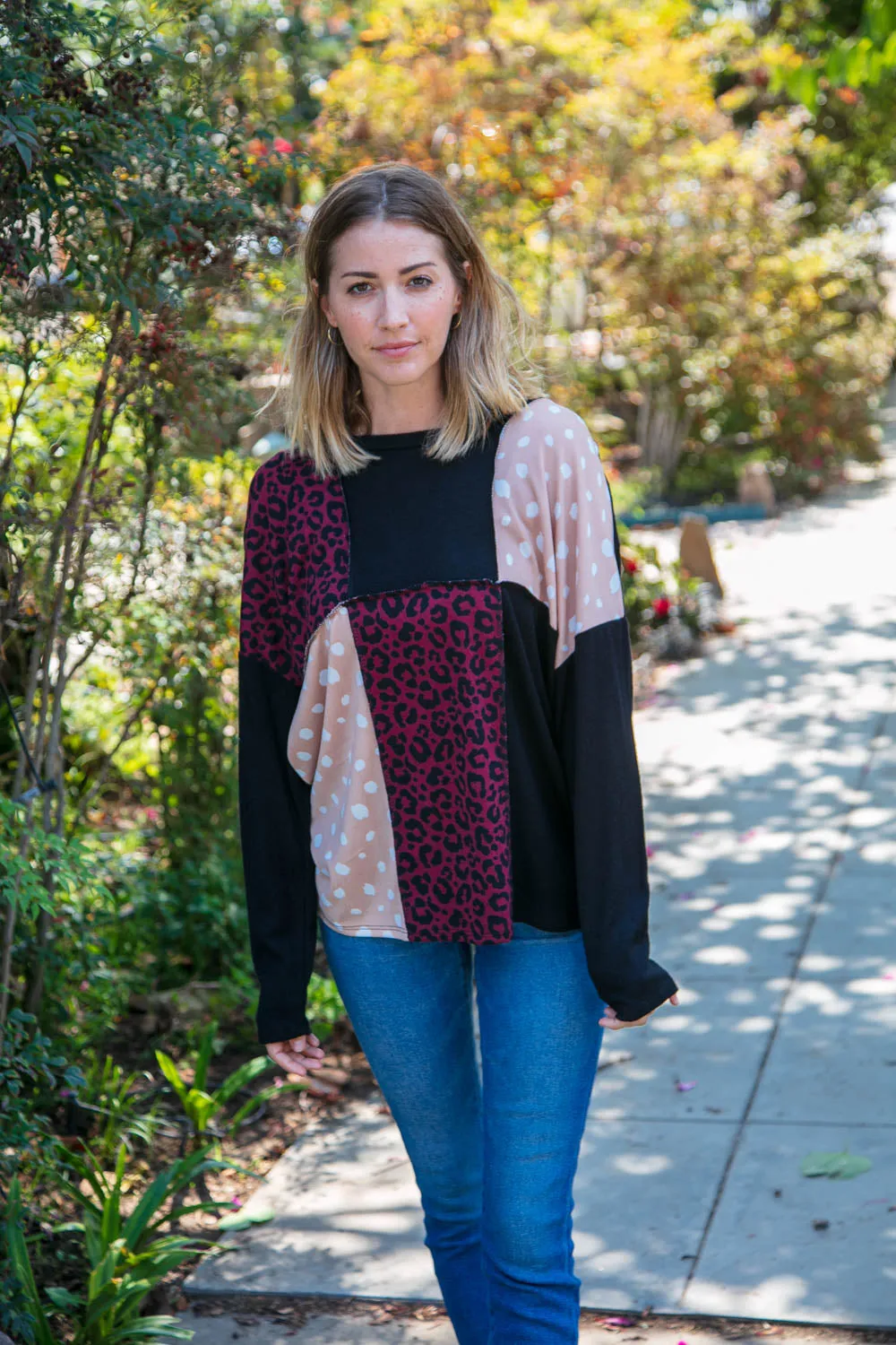 Cashmere Feel Leopard Patch Work Dolman Top