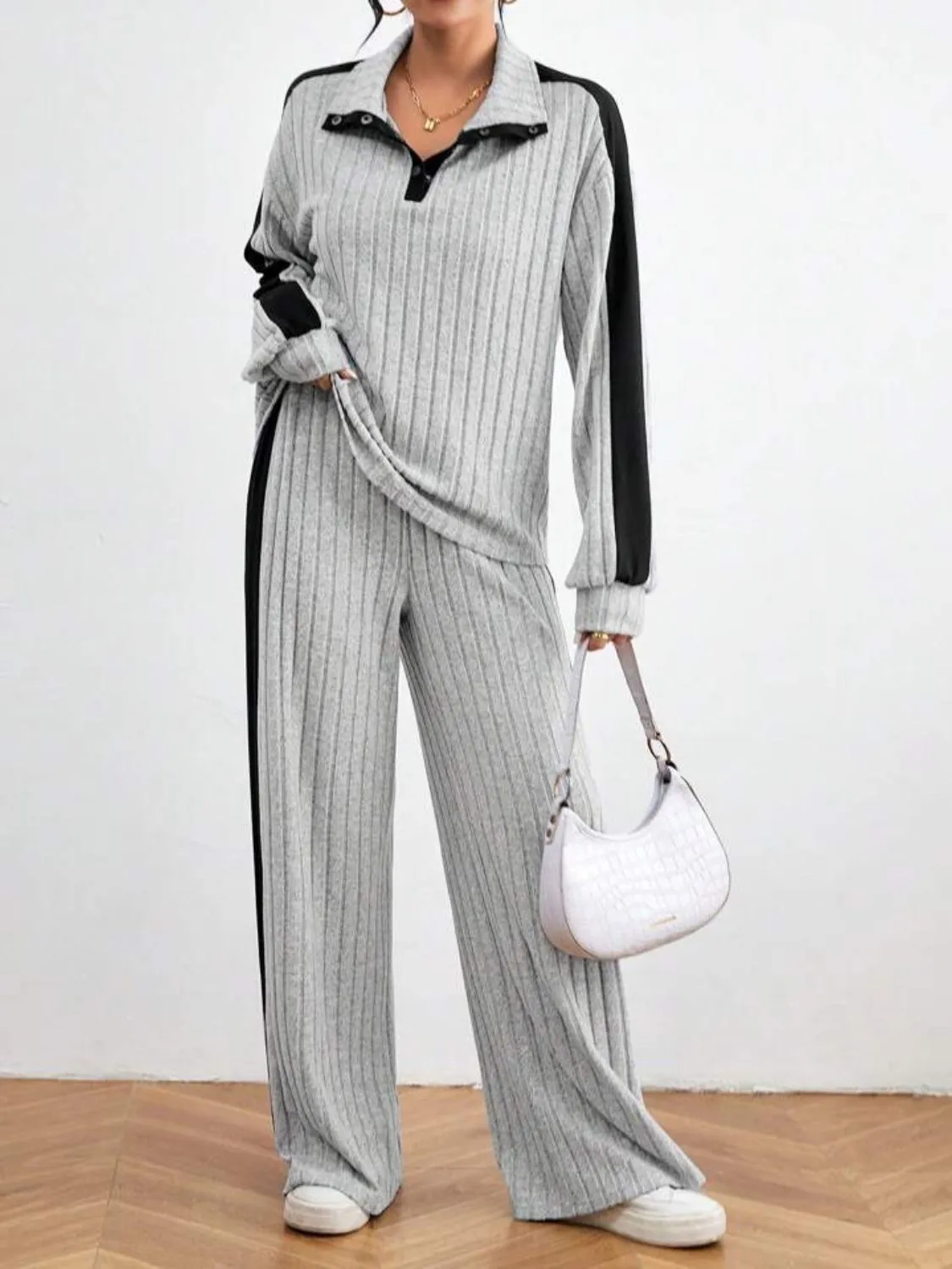 Contrast Collared Neck Long Sleeve Top and Pants Set