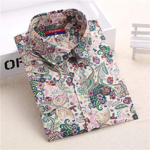 Dioufond New Floral Long Sleeve Vintage Blouse Cherry Turn Down Collar Shirt Blusas Feminino Ladies Blouses Womens  Tops Fashion