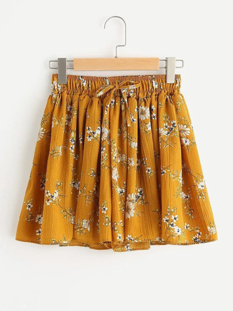 Ditsy Print Elastic Drawstring Waist Shorts