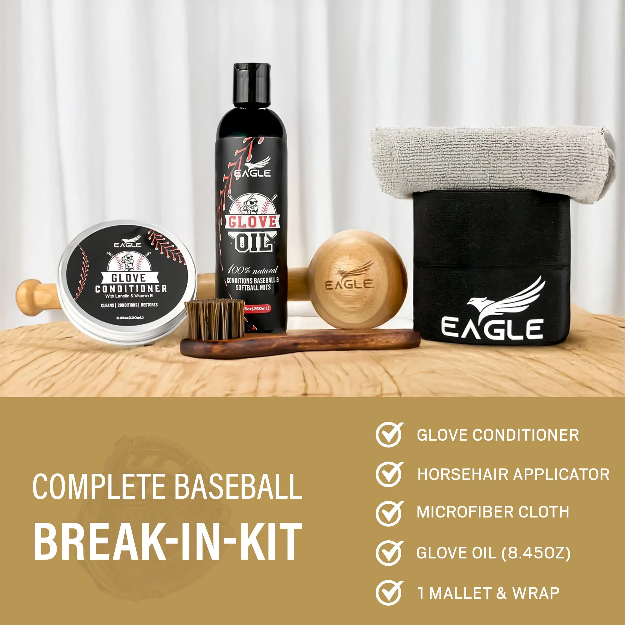 Eagle Glove Break in Kit - Includes Glove Oil (8.45oz), Conditioner (3.38oz), wrap, mallet & applicator & cloth, 6-Pieces Set for baseball gloves, football gloves & more