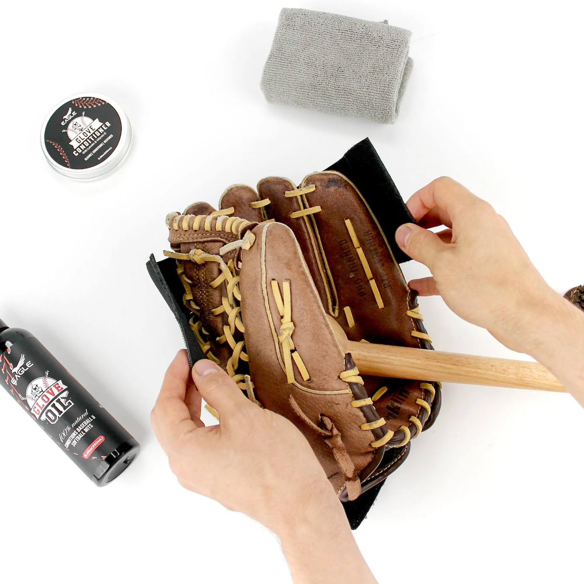 Eagle Glove Break in Kit - Includes Glove Oil (8.45oz), Conditioner (3.38oz), wrap, mallet & applicator & cloth, 6-Pieces Set for baseball gloves, football gloves & more