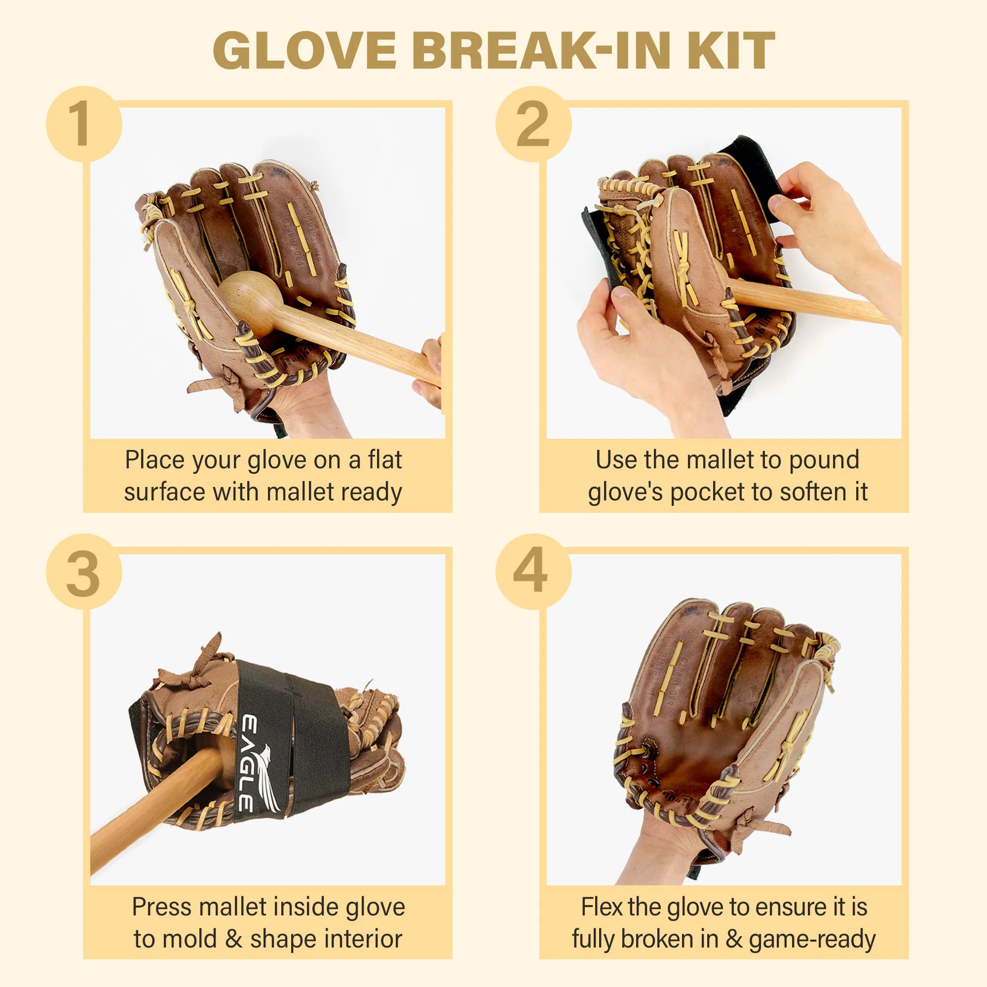 Eagle Glove Break in Kit - Includes Glove Oil (8.45oz), Conditioner (3.38oz), wrap, mallet & applicator & cloth, 6-Pieces Set for baseball gloves, football gloves & more