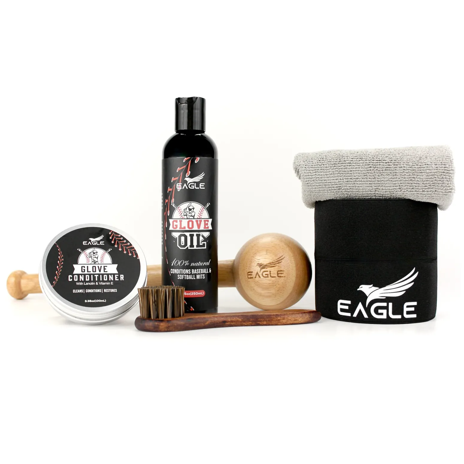 Eagle Glove Break in Kit - Includes Glove Oil (8.45oz), Conditioner (3.38oz), wrap, mallet & applicator & cloth, 6-Pieces Set for baseball gloves, football gloves & more