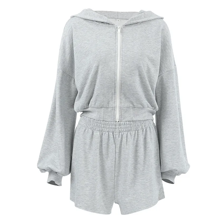 Fall Hooded Long Sleeve High Waist Loose Shorts Two Piece Set All Matching Casual Sports Gray Women