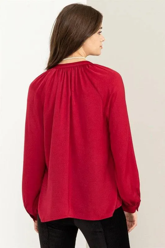 Front ruffle long sleeve blouse