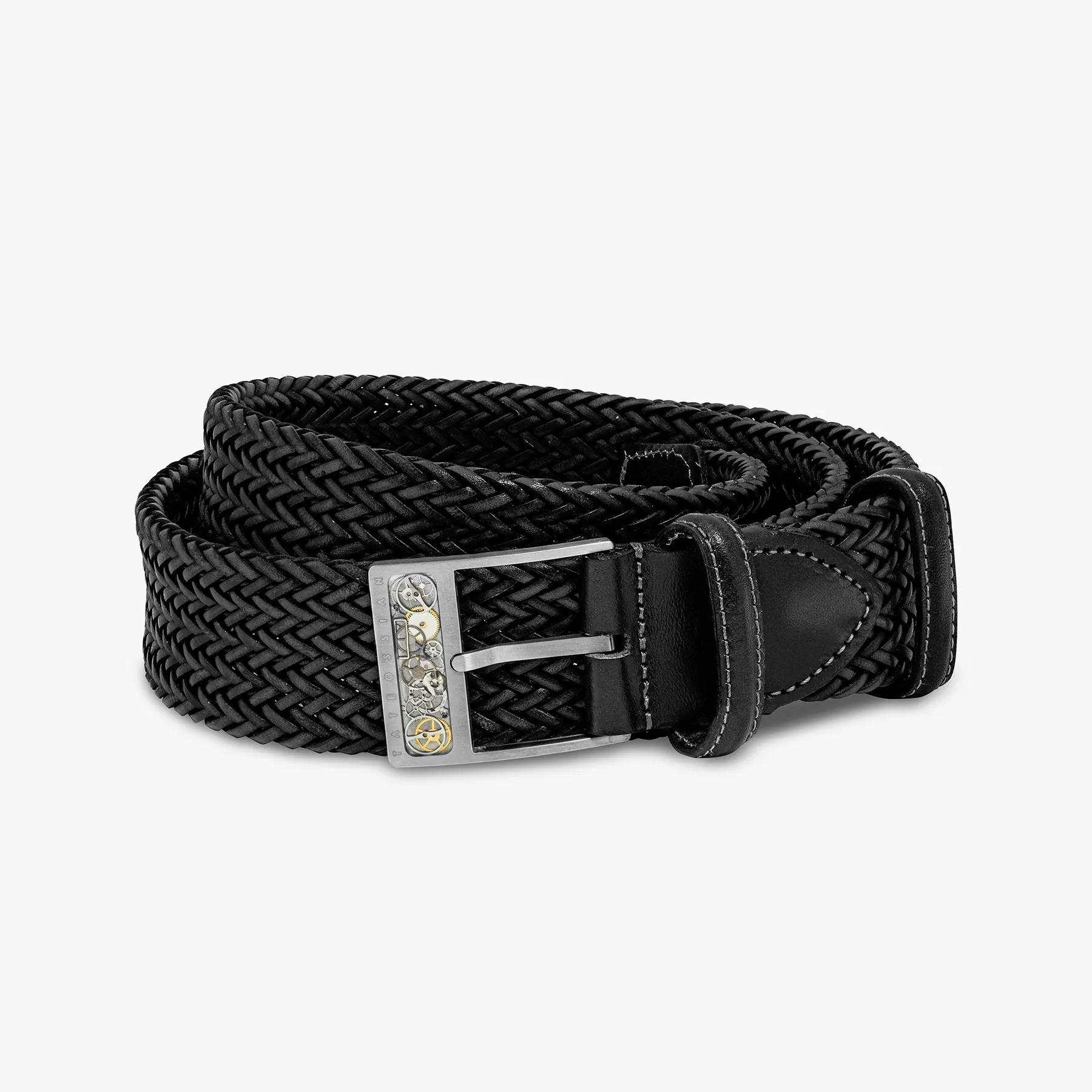 Gear Buckle belt in woven black leather