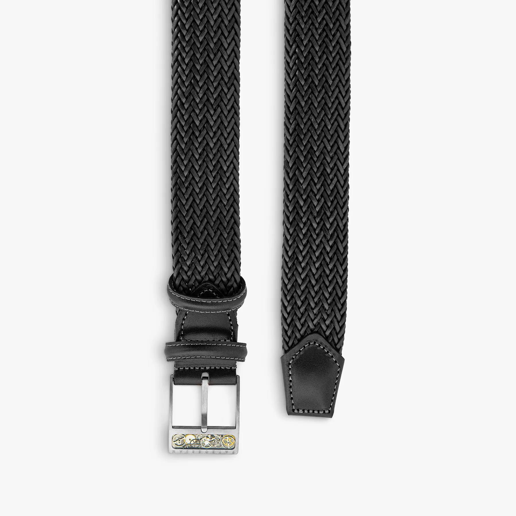 Gear Buckle belt in woven black leather