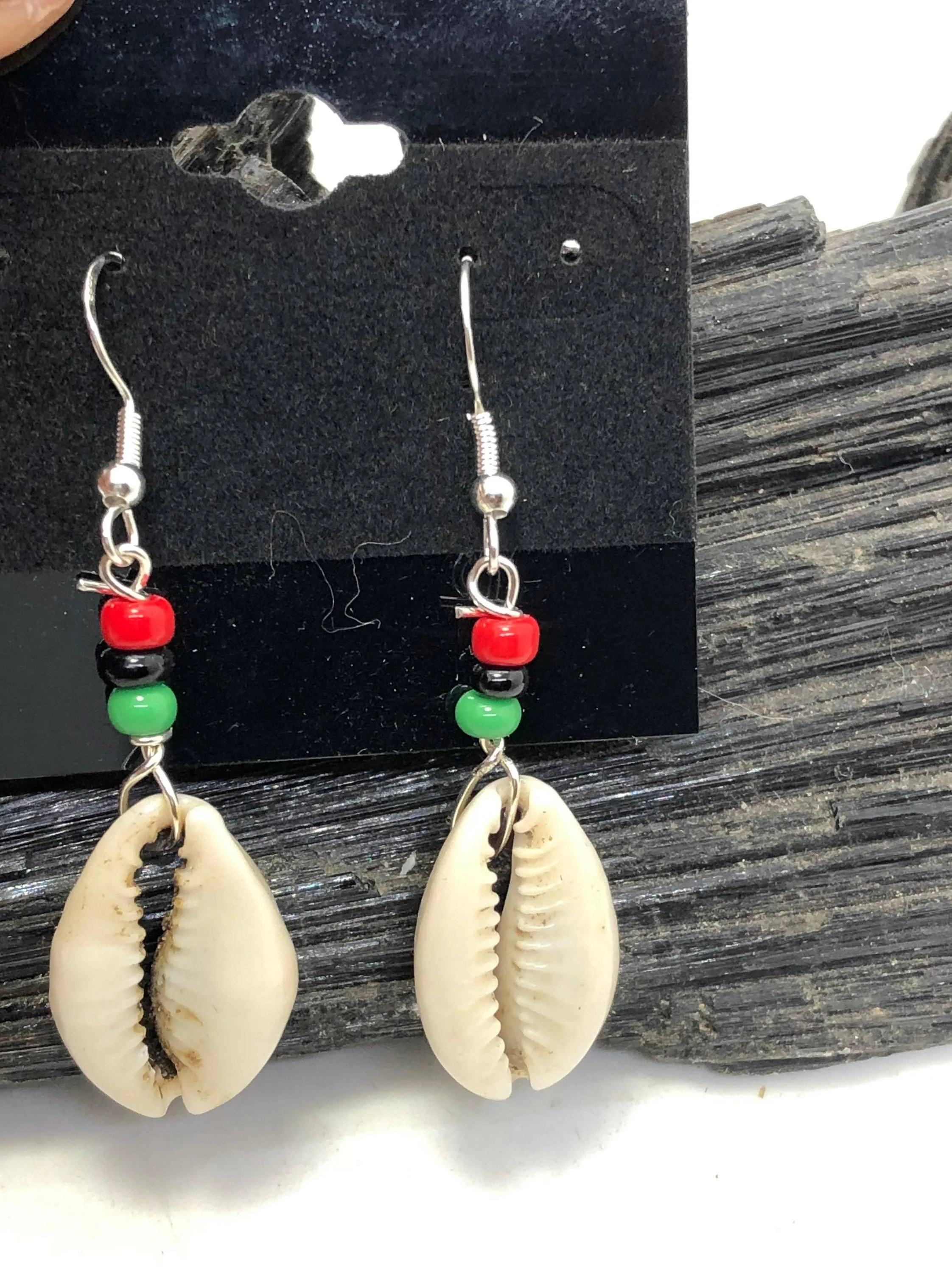 Gemstone and Cowrie Shell Sterling Silver Hook Earrings