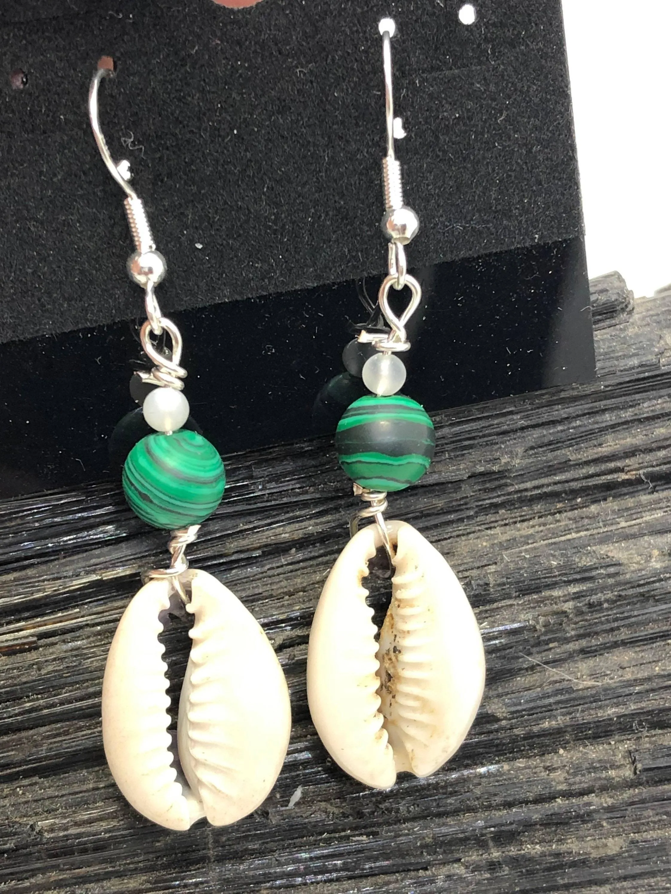 Gemstone and Cowrie Shell Sterling Silver Hook Earrings