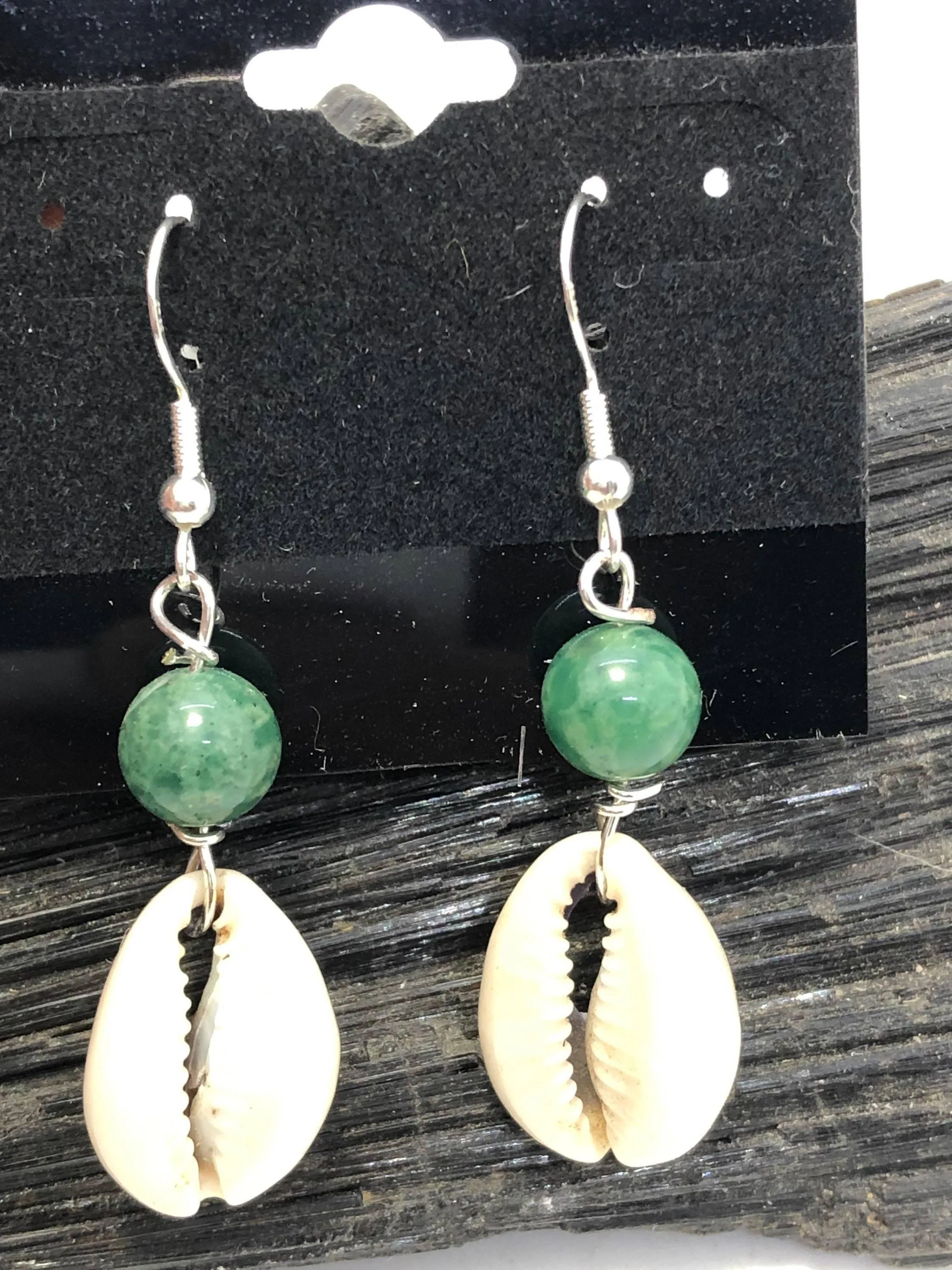 Gemstone and Cowrie Shell Sterling Silver Hook Earrings