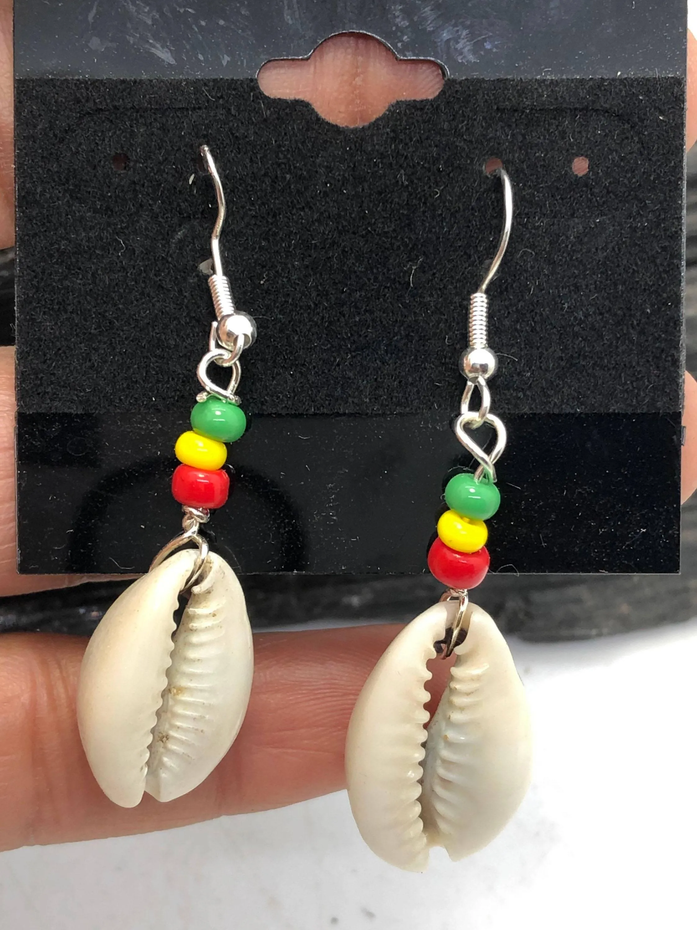 Gemstone and Cowrie Shell Sterling Silver Hook Earrings