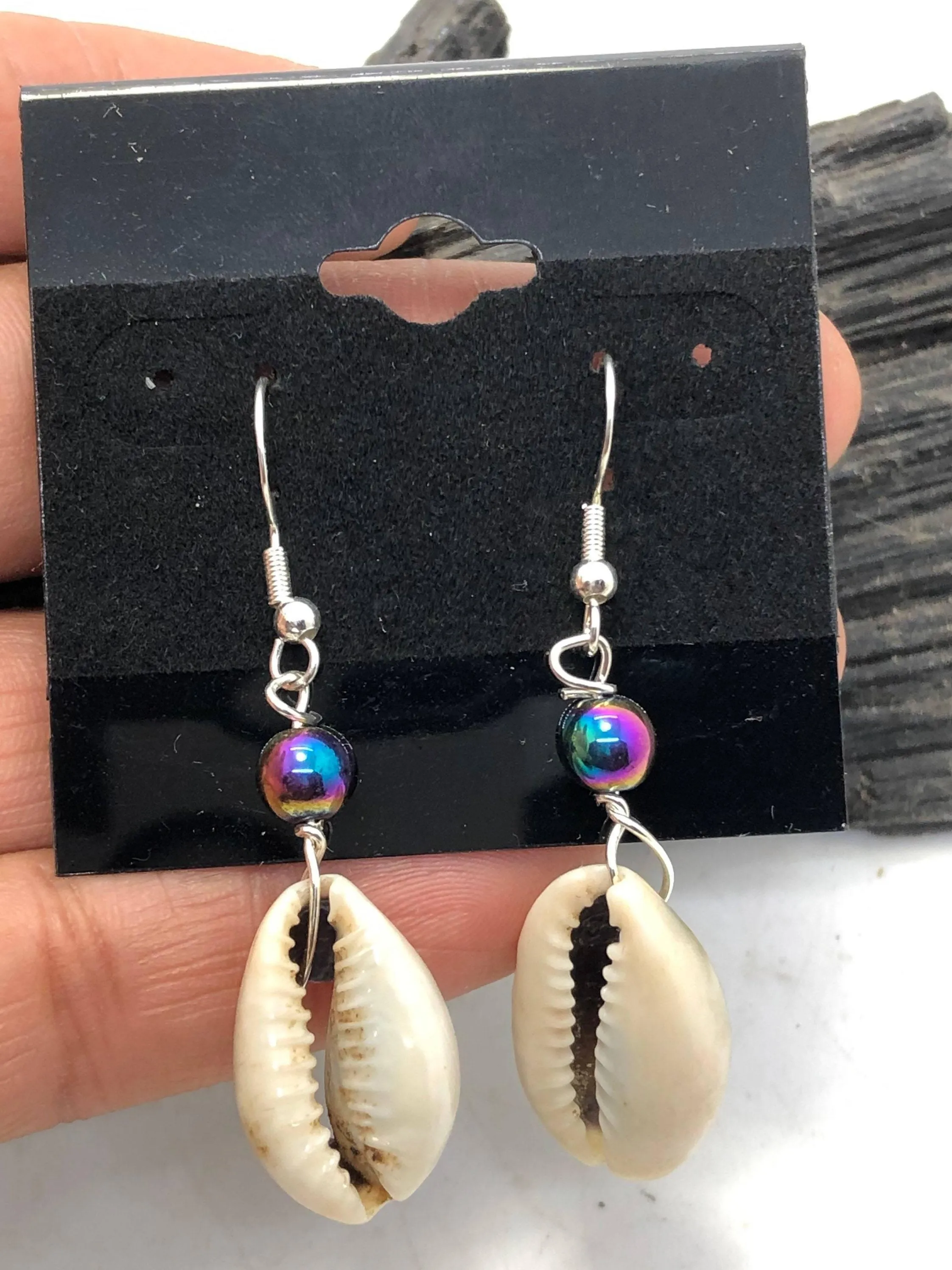 Gemstone and Cowrie Shell Sterling Silver Hook Earrings