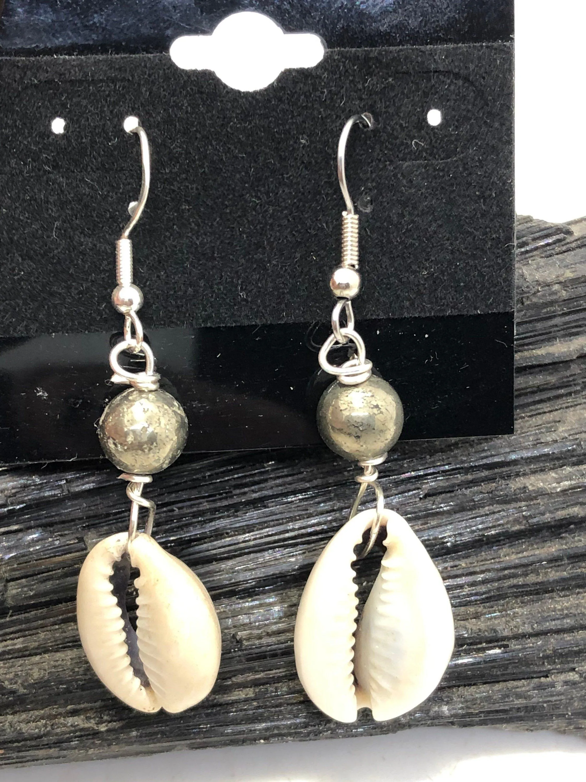 Gemstone and Cowrie Shell Sterling Silver Hook Earrings