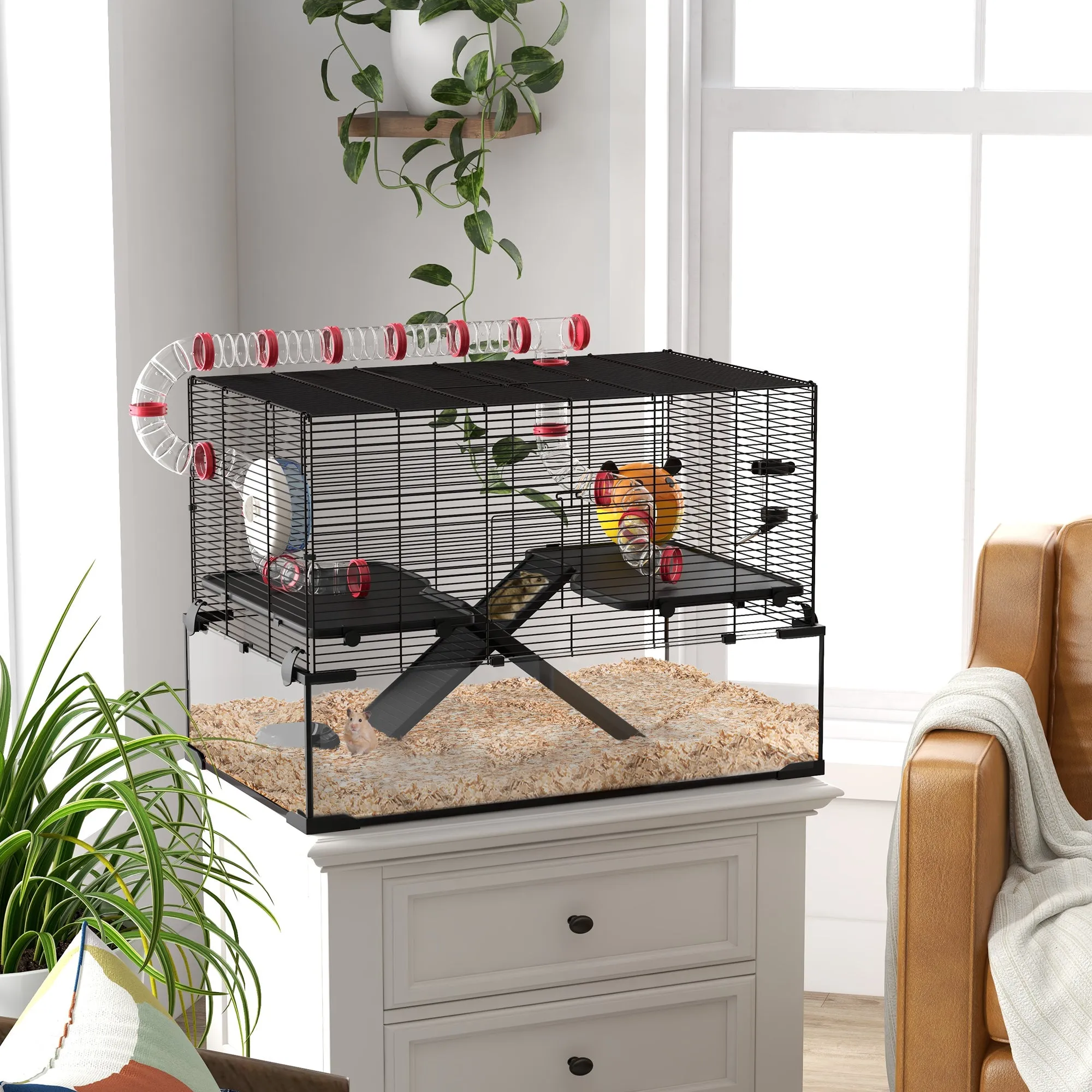 Gerbil Cage Dwarf Hamster with Deep Glass Bottom, Tunnels Tubes, Ramps, Hut, Exercise Wheel, 78.5 x 48.5 x 57cm