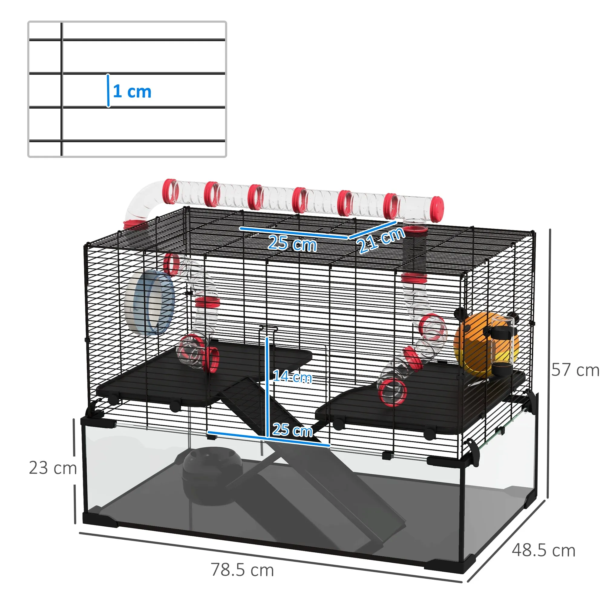 Gerbil Cage Dwarf Hamster with Deep Glass Bottom, Tunnels Tubes, Ramps, Hut, Exercise Wheel, 78.5 x 48.5 x 57cm