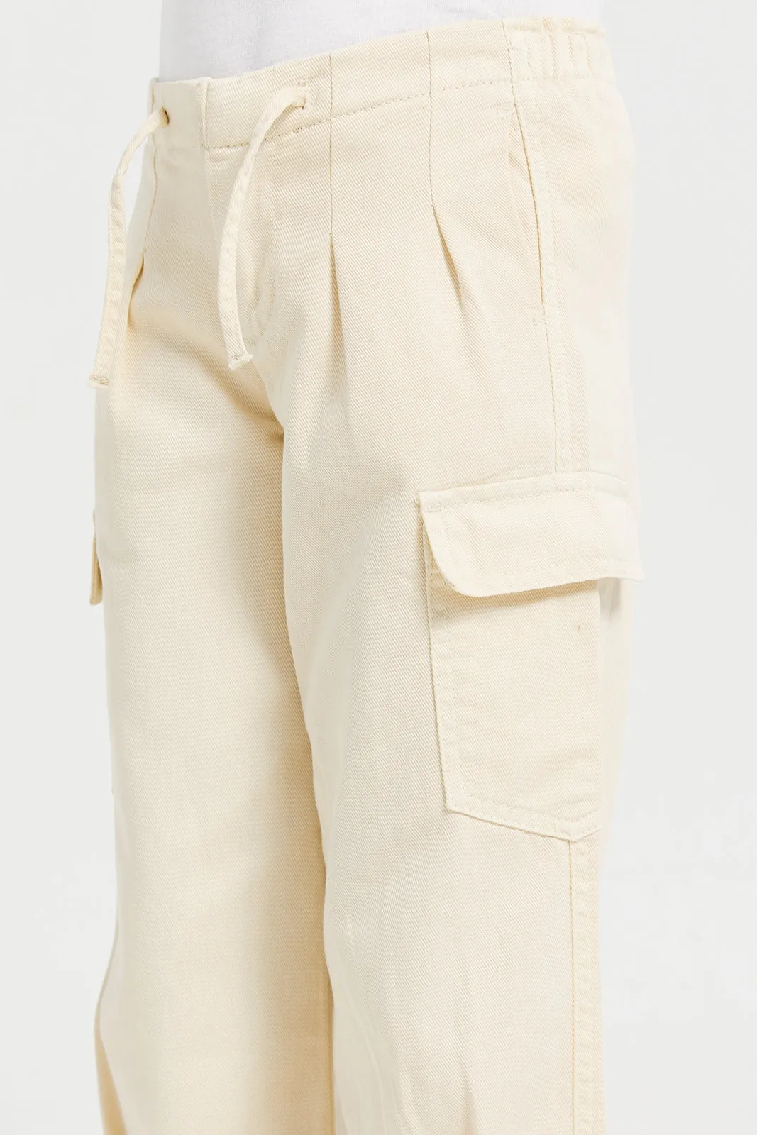 Girls Beige Plain Cargo Pocket Jeggings