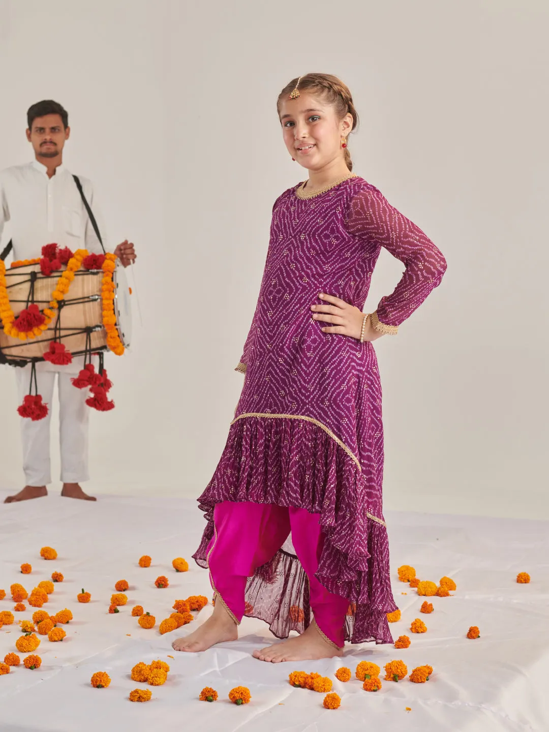 Girls Floral Printed Regular Kurta With Dhoti Pants