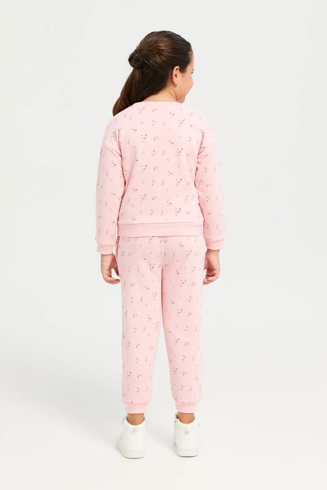 Girls Pink Allover Print Crew Neck Jog Set (2 Piece)