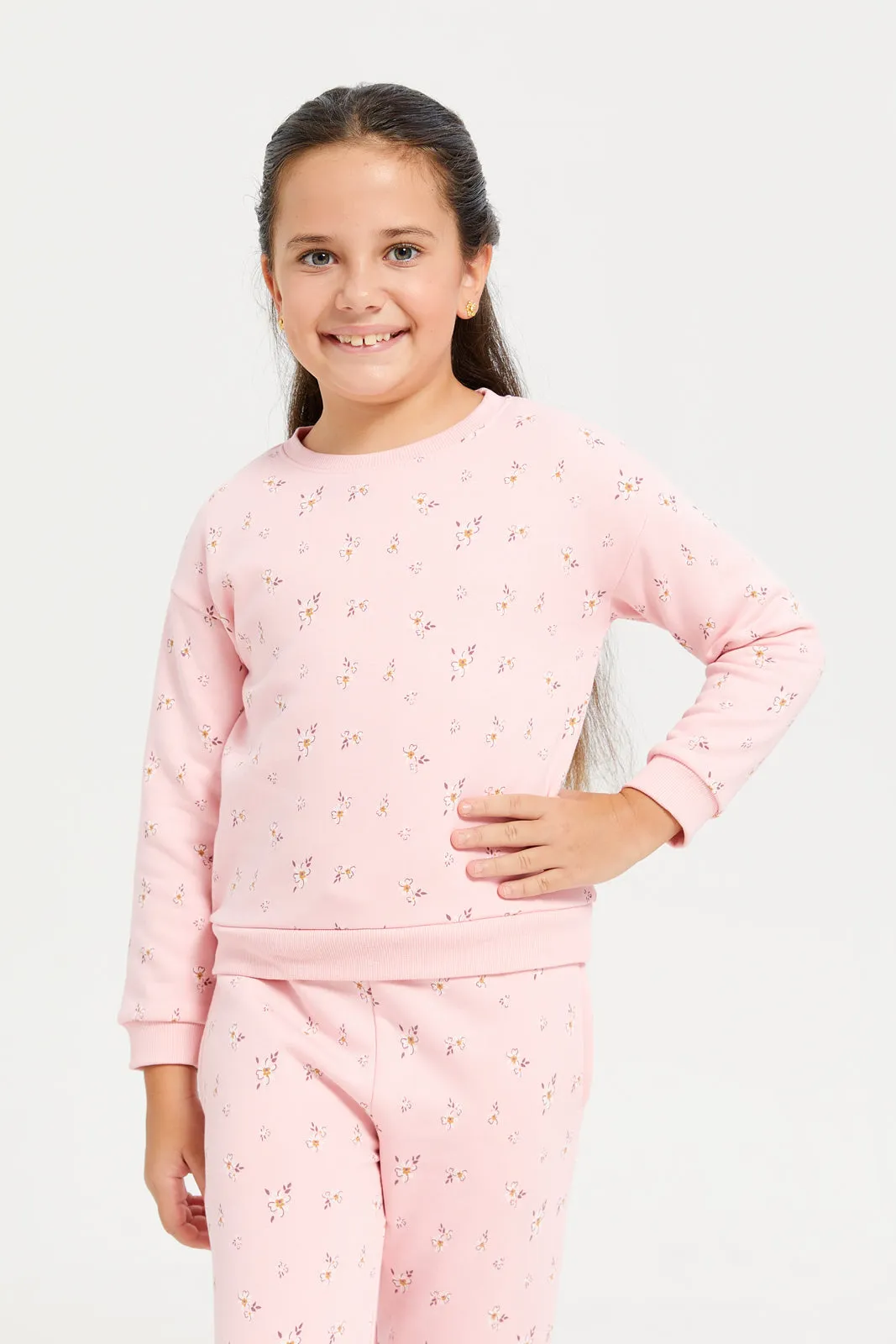 Girls Pink Allover Print Crew Neck Jog Set (2 Piece)